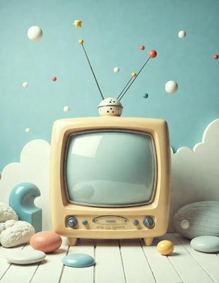 The primary subject of the image is a small TV set, which is placed on a wooden table. The TV is surrounded by various objects, including a surfboard, a bowl, a vase, and a few eggs. The setting appears to be a creative and playful environment, possibly a child's room or a quirky display. The visual style of the image is a combination of photo and digital art, giving it a unique and artistic appearance. The colors and mood of the image are predominantly white